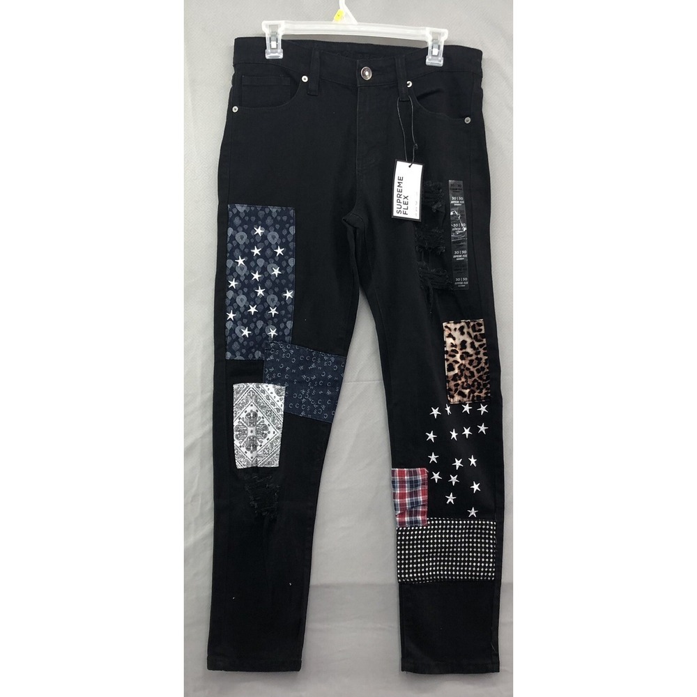 New Rue21‎ Premium Skinny Leg Black Patch Distressed Denim Jeans Size 32/30 Mens